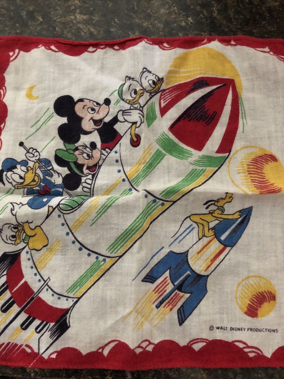 Vintage1940's Childs Handkerchief Walt Disney Mickey Mouse& Friends on Rockets