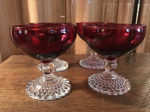 Anchor Hocking RUBY RED Set of 4 BUBBLE FOOT Champagne Sherbet Dessert Dish